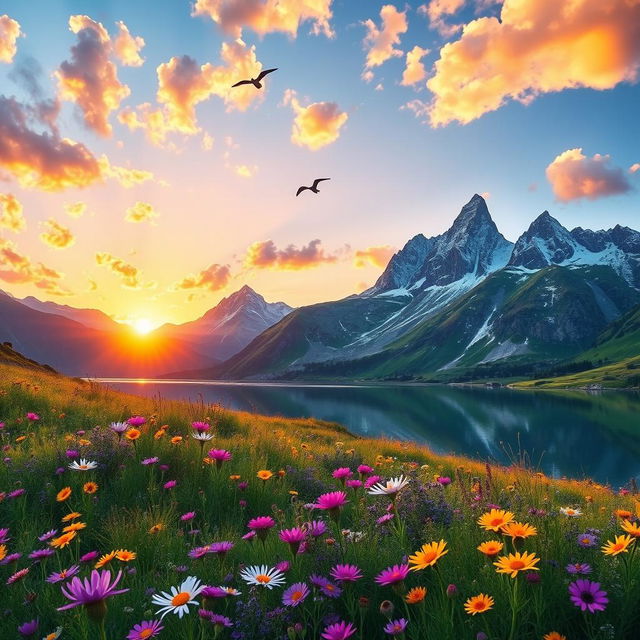 A majestic mountain landscape at sunrise, with vibrant colors illuminating the sky, fluffy clouds scattered throughout, and a crystal-clear lake reflecting the scenery