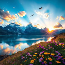 A majestic mountain landscape at sunrise, with vibrant colors illuminating the sky, fluffy clouds scattered throughout, and a crystal-clear lake reflecting the scenery