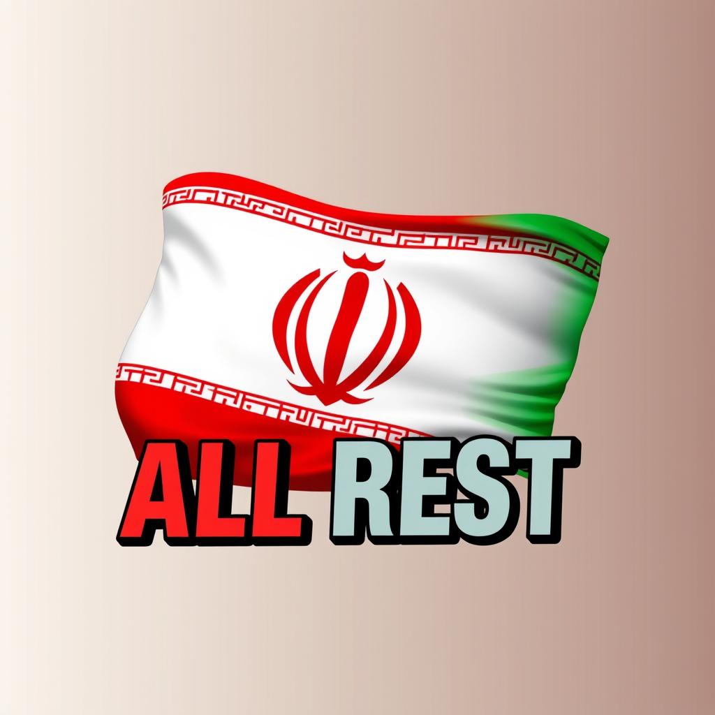 A stylized illustration of the Iran flag, prominently displayed in vibrant colors of green, white, and red, with intricate details representing the national emblem in the center