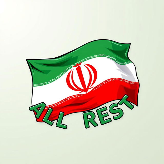 A stylized illustration of the Iran flag, prominently displayed in vibrant colors of green, white, and red, with intricate details representing the national emblem in the center