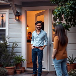 a man standing at the door of a woman's house, showcasing a charming and considerate demeanor, dressed in casual yet stylish clothing, with a gentle smile on his face, the house adorned with potted plants and a welcoming atmosphere