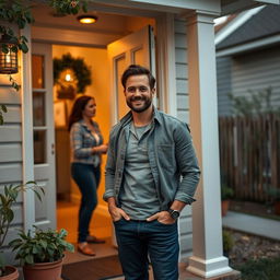 a man standing at the door of a woman's house, showcasing a charming and considerate demeanor, dressed in casual yet stylish clothing, with a gentle smile on his face, the house adorned with potted plants and a welcoming atmosphere