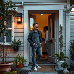 a man standing at the door of a woman's house, showcasing a charming and considerate demeanor, dressed in casual yet stylish clothing, with a gentle smile on his face, the house adorned with potted plants and a welcoming atmosphere