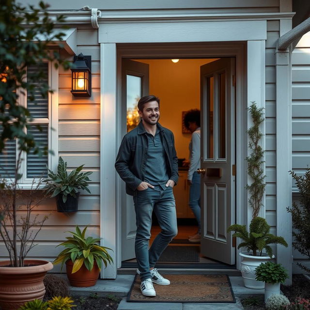 a man standing at the door of a woman's house, showcasing a charming and considerate demeanor, dressed in casual yet stylish clothing, with a gentle smile on his face, the house adorned with potted plants and a welcoming atmosphere