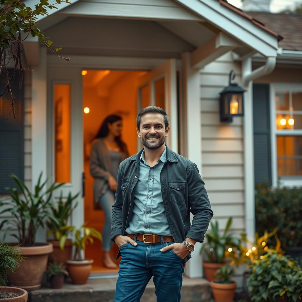 a man standing at the door of a woman's house, showcasing a charming and considerate demeanor, dressed in casual yet stylish clothing, with a gentle smile on his face, the house adorned with potted plants and a welcoming atmosphere