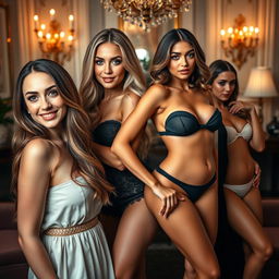 A captivating composition featuring four beautiful women in an elegant and artistic setting