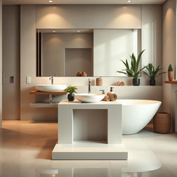 A stylish interior bathroom scene showcasing a sleek podium prominently positioned in the center
