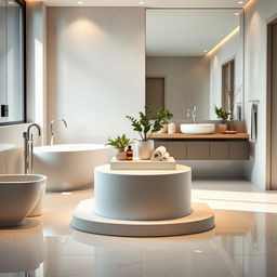 A stylish interior bathroom scene showcasing a sleek podium prominently positioned in the center