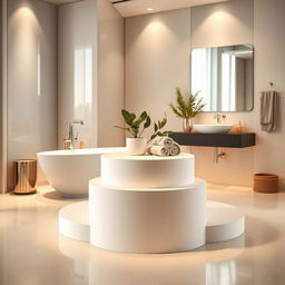 A stylish interior bathroom scene showcasing a sleek podium prominently positioned in the center