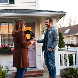 a man standing at the door of a woman's house, radiating a friendly and approachable vibe, dressed in a casual yet trendy outfit, with a warm smile as he knocks lightly