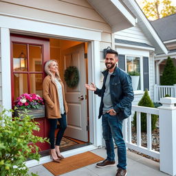 a man standing at the door of a woman's house, radiating a friendly and approachable vibe, dressed in a casual yet trendy outfit, with a warm smile as he knocks lightly