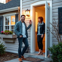 a man standing at the door of a woman's house, radiating a friendly and approachable vibe, dressed in a casual yet trendy outfit, with a warm smile as he knocks lightly