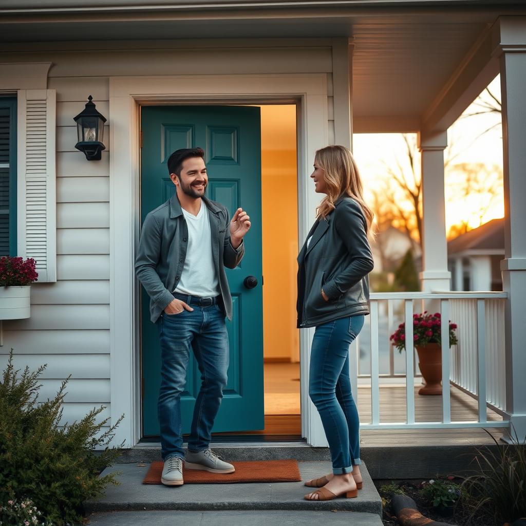 a man standing at the door of a woman's house, radiating a friendly and approachable vibe, dressed in a casual yet trendy outfit, with a warm smile as he knocks lightly