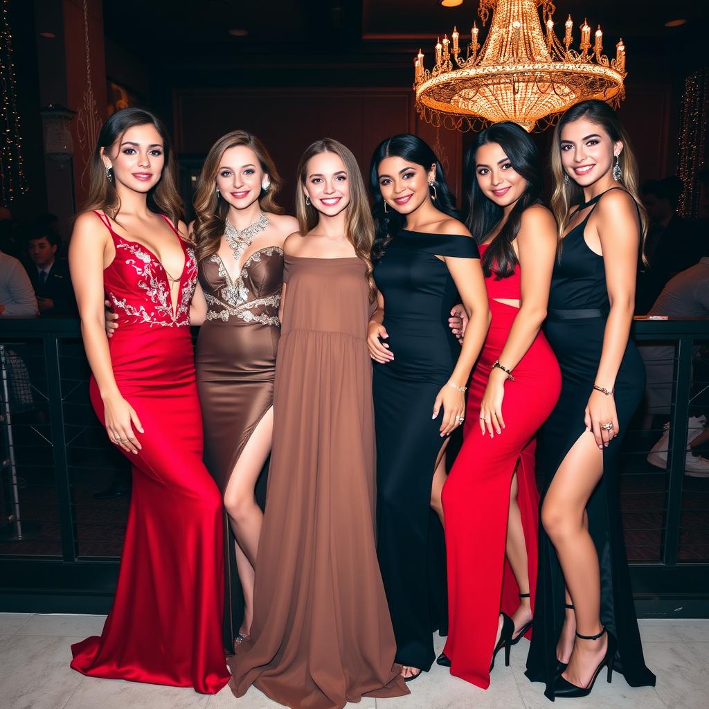 Four attractive young women at a glamorous prom, each wearing stunning sexy dresses in shades of red, brown, and black