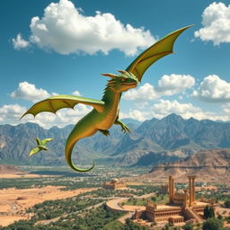 A majestic dragon soaring over the stunning landscape of Iran, showcasing the dramatic mountains of the Zagros range in the background and the ancient ruins of Persepolis below