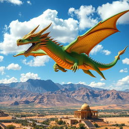 A majestic dragon soaring over the stunning landscape of Iran, showcasing the dramatic mountains of the Zagros range in the background and the ancient ruins of Persepolis below