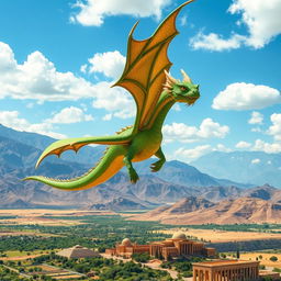 A majestic dragon soaring over the stunning landscape of Iran, showcasing the dramatic mountains of the Zagros range in the background and the ancient ruins of Persepolis below