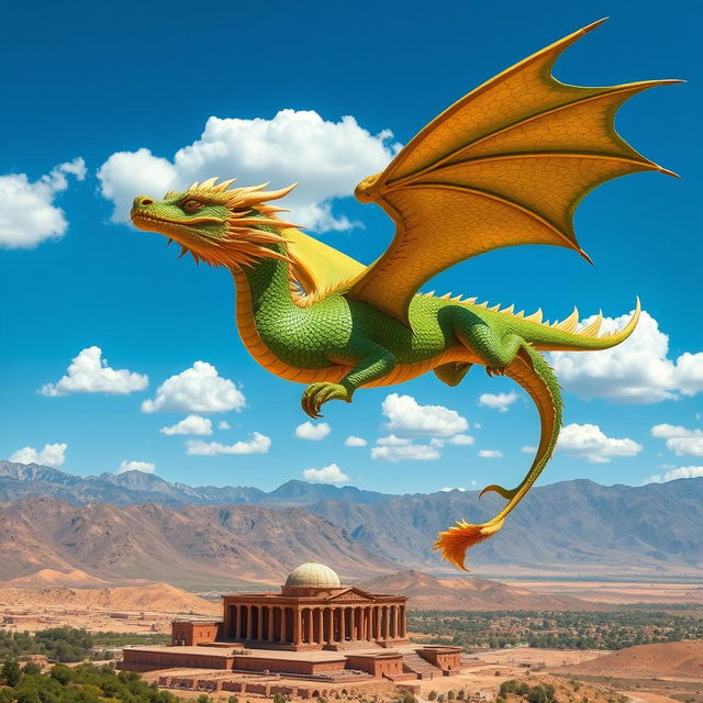 A majestic dragon soaring over the stunning landscape of Iran, showcasing the dramatic mountains of the Zagros range in the background and the ancient ruins of Persepolis below