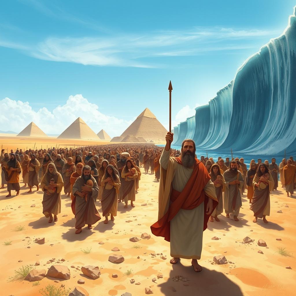 A dramatic illustration of the Exodus of the Israelites as they escape from Egypt