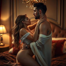 An artistic and sensual depiction of a couple engaged in an intimate moment, showcasing a passionate encounter