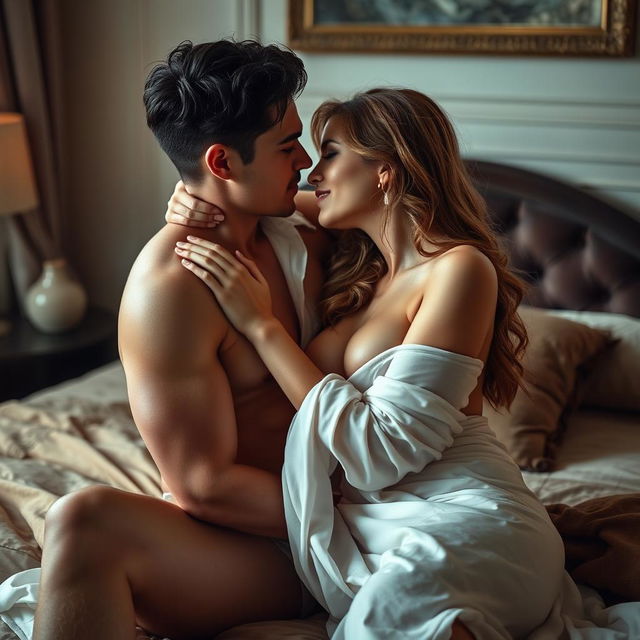 An artistic and sensual depiction of a couple engaged in an intimate moment, showcasing a passionate encounter