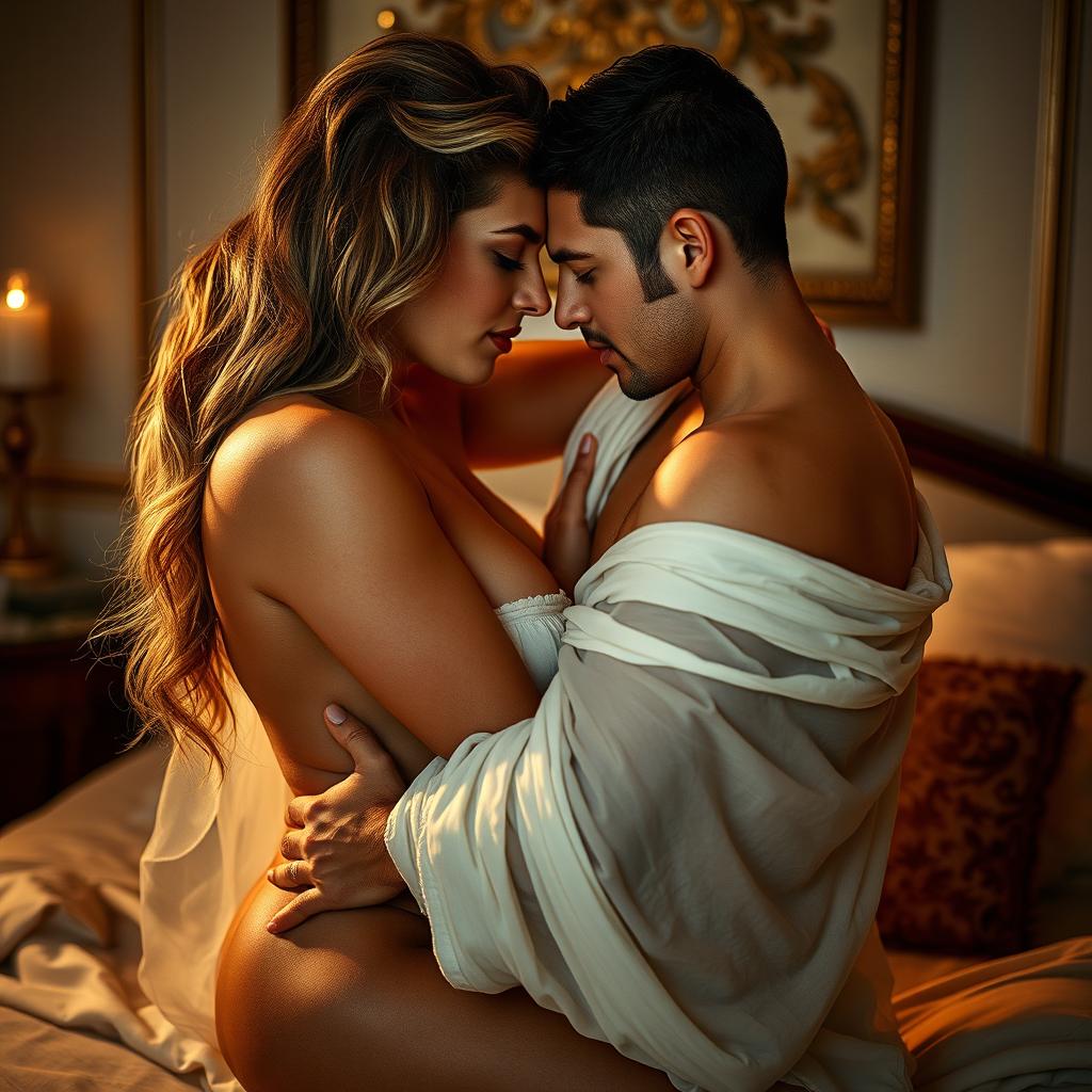 An artistic and sensual depiction of a couple engaged in an intimate moment, showcasing a passionate encounter