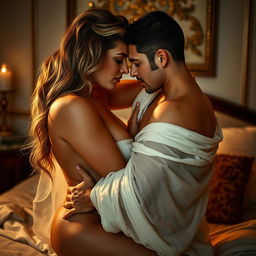 An artistic and sensual depiction of a couple engaged in an intimate moment, showcasing a passionate encounter