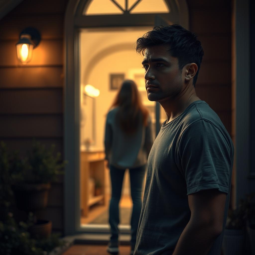 A scene depicting a sad man standing by the door of a woman's house, looking despondent