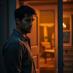 A scene depicting a sad man standing by the door of a woman's house, looking despondent