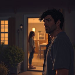 A scene depicting a sad man standing by the door of a woman's house, looking despondent