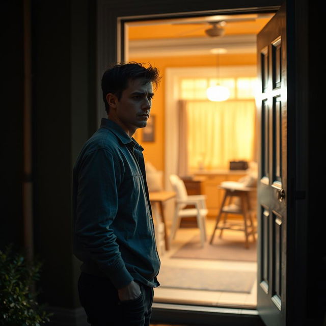 A scene depicting a sad man standing by the door of a woman's house, looking despondent