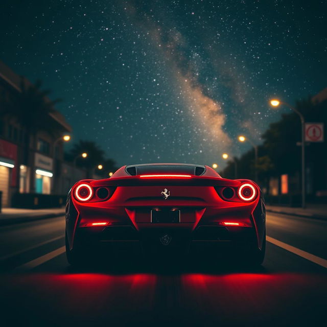 A stunning rear view of a sleek Ferrari racing down a dimly lit street, illuminated by vibrant red night lighting