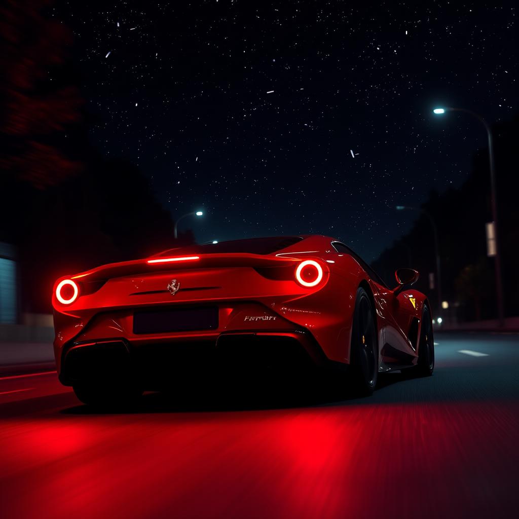 A stunning rear view of a sleek Ferrari racing down a dimly lit street, illuminated by vibrant red night lighting