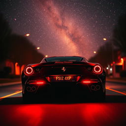 A stunning rear view of a sleek Ferrari racing down a dimly lit street, illuminated by vibrant red night lighting