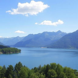 A serene landscape featuring a tranquil lake surrounded by majestic mountains under a clear blue sky
