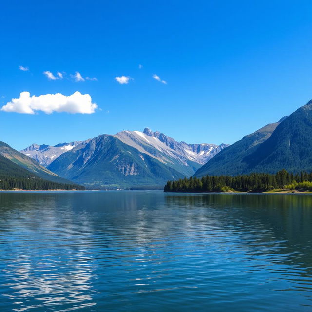 A serene landscape featuring a tranquil lake surrounded by majestic mountains under a clear blue sky