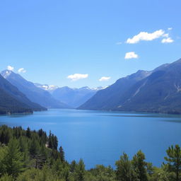 A serene landscape featuring a tranquil lake surrounded by majestic mountains under a clear blue sky