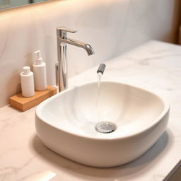 A close-up view of a modern bathroom sink, showcasing a sleek, minimalistic design