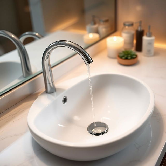 A close-up view of a modern bathroom sink, showcasing a sleek, minimalistic design