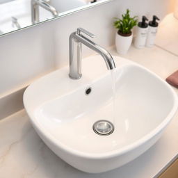 A close-up view of a modern bathroom sink, showcasing a sleek, minimalistic design