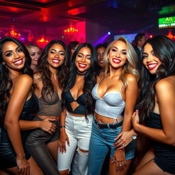 A glamorous party scene featuring confident and attractive young women in stylish, trendy outfits