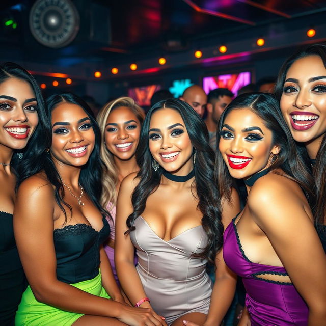 A glamorous party scene featuring confident and attractive young women in stylish, trendy outfits