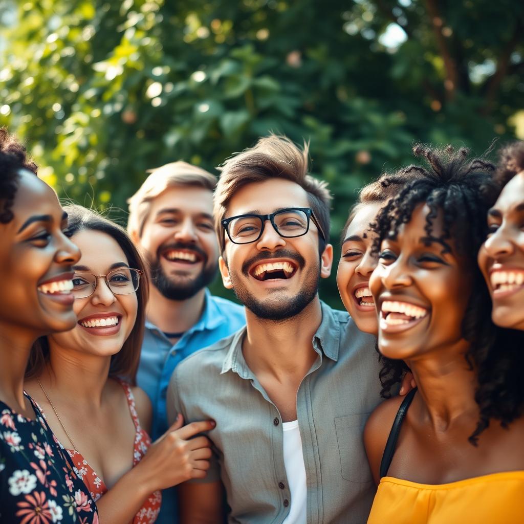 A bright and vibrant portrait of a diverse group of friends gathered together, showcasing their joyful interaction