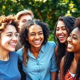 A bright and vibrant portrait of a diverse group of friends gathered together, showcasing their joyful interaction