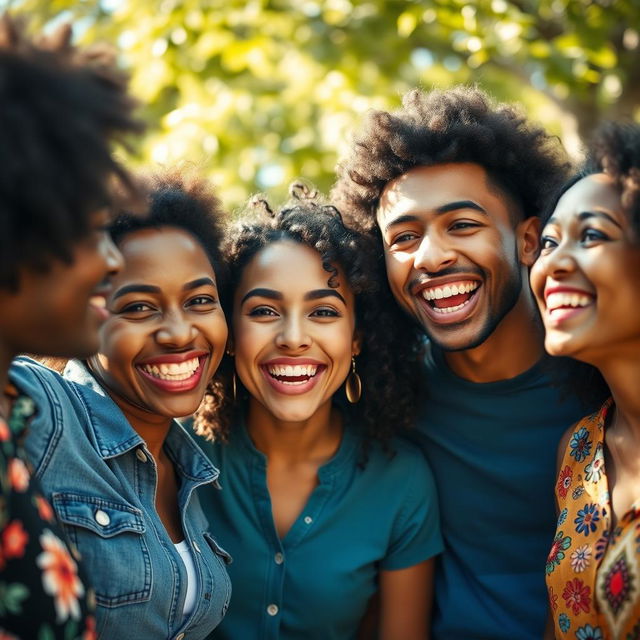 A bright and vibrant portrait of a diverse group of friends gathered together, showcasing their joyful interaction