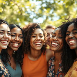 A bright and vibrant portrait of a diverse group of friends gathered together, showcasing their joyful interaction