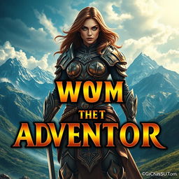 A vibrant and eye-catching poster featuring a powerful warrior woman standing strong amidst an epic fantasy landscape