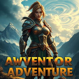 A vibrant and eye-catching poster featuring a powerful warrior woman standing strong amidst an epic fantasy landscape