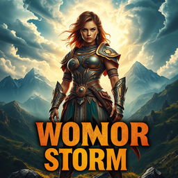 A vibrant and eye-catching poster featuring a powerful warrior woman standing strong amidst an epic fantasy landscape