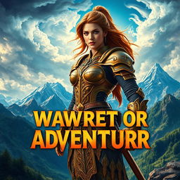 A vibrant and eye-catching poster featuring a powerful warrior woman standing strong amidst an epic fantasy landscape